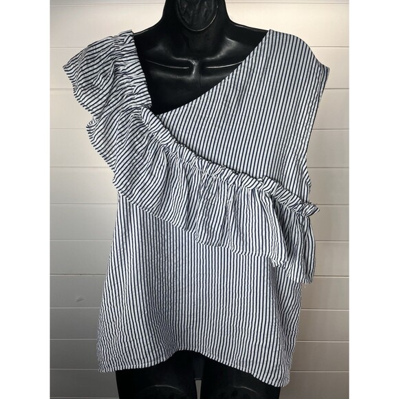 Symphony Asymmetrical Striped Ruffle Nautical Preppy Coastal Resort Womens Large - Picture 4 of 11